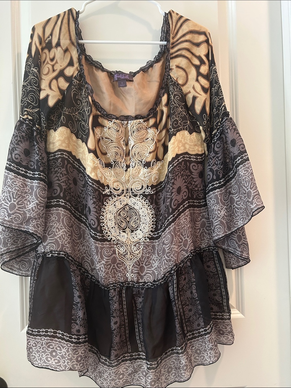 Hale Bob Silk Embroidered Ruffle Peasant Boho Tunic Wide Bell Sleeves size S